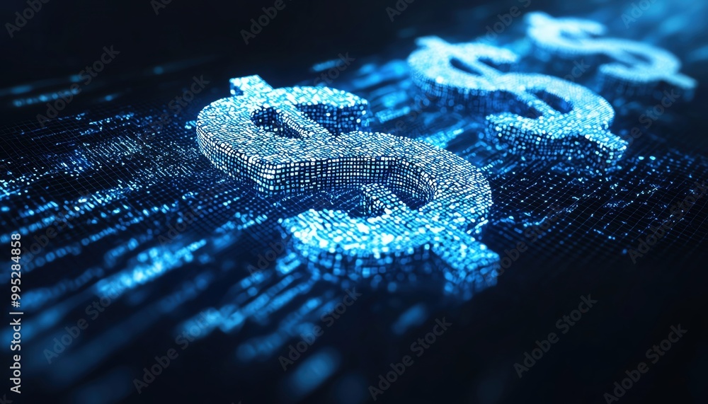 Dollar signs dissolving into digital waves, symbolizing the fluidity and movement of money in global markets Dollar signs dissolving into digital waves, symbolizing the fluidity and movement of money in global markets