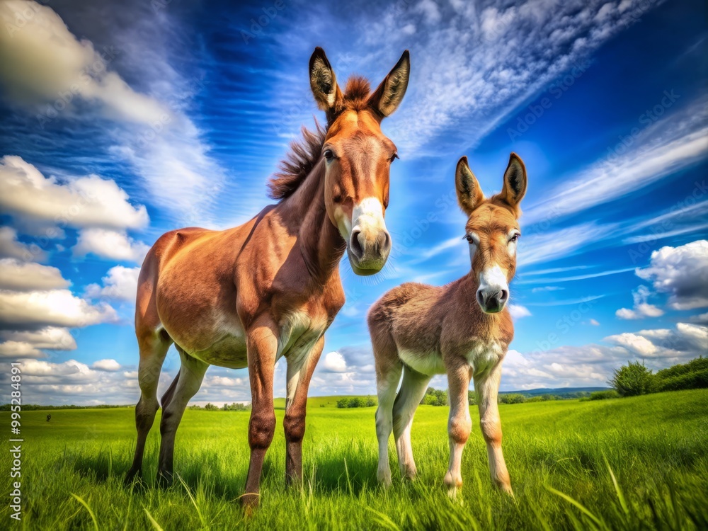 Male Horse and Female Donkey Offspring Standing Together in a Green Pasture Under a Blue Sky Male Horse and Female Donkey Offspring Standing Together in a Green Pasture Under a Blue Sky
