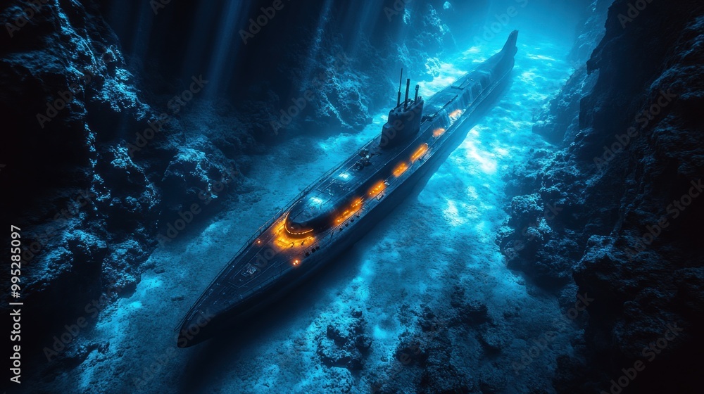 A futuristic submarine navigates through a deep, illuminated ocean. A futuristic submarine navigates through a deep, illuminated ocean.