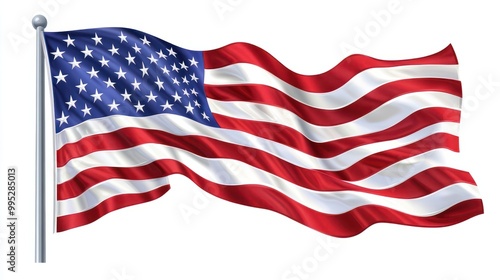 flag. American flag waves gracefully, stars and stripes in red, white, and blue, symbolizing freedom and patriotism, PNG format.