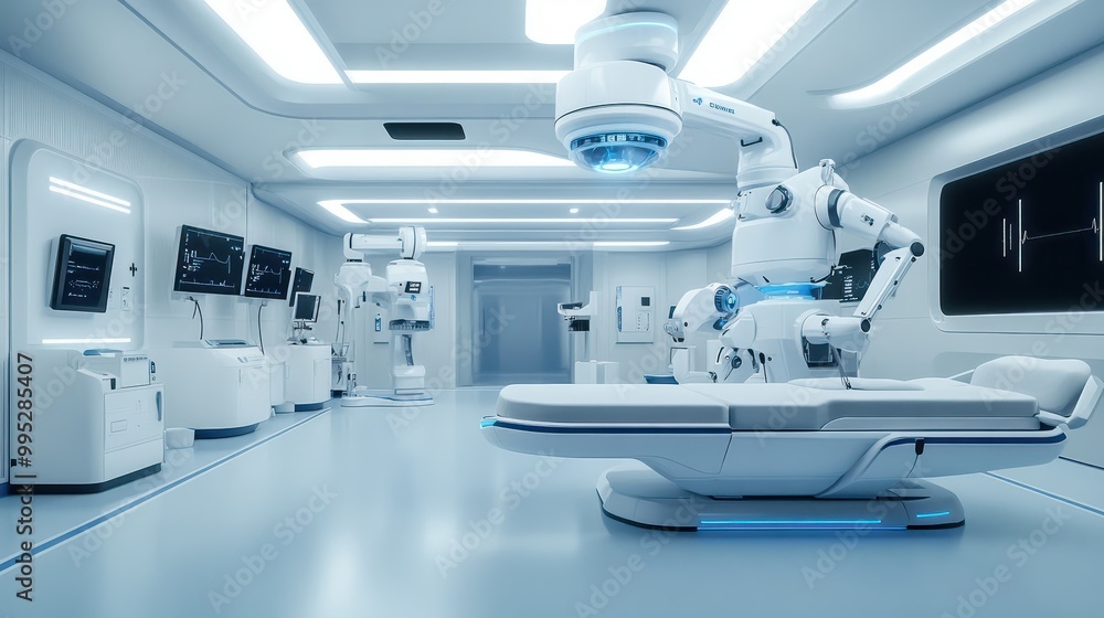 Futuristic medical robot, white and blue color scheme, in high-tech health facility, minimalist style Futuristic medical robot, white and blue color scheme, in high-tech health facility, minimalist style