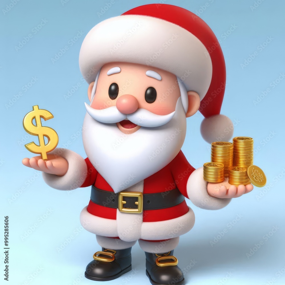 Cartoon character 3D Santa Claus holding a gold dollar symbol and coins on light blue background. Christmas finance and holiday savings concept Cartoon character 3D Santa Claus holding a gold dollar symbol and coins on light blue background. Christmas finance and holiday savings concept