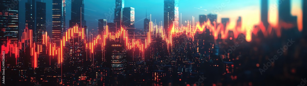 Glowing financial charts merging with silhouettes of skyscrapers, symbolizing the intersection of finance and business Glowing financial charts merging with silhouettes of skyscrapers, symbolizing the intersection of finance and business