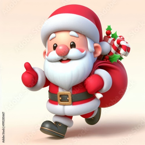 Cartoon 3D Santa Claus walking with a sack of gifts and giving a thumbs up. Christmas character illustration