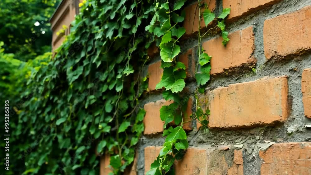 Lush green ivy cascading down a rustic brick wall Lush green ivy cascading down a rustic brick wall