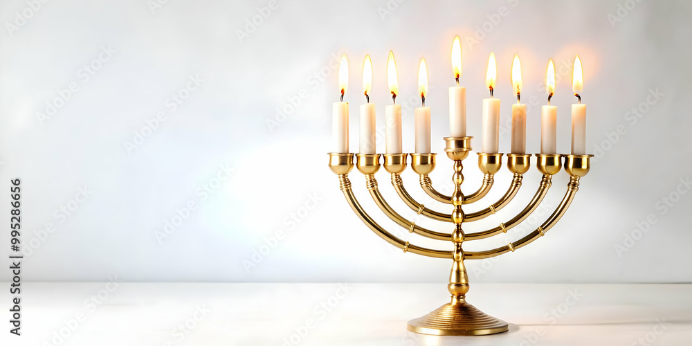 Floating Hanukkah Menorah with Flickering Candles in Mid Air on White Background - Modern & Traditional Visuals for Contemporary Celebrations - Photo Stock Concept Floating Hanukkah Menorah with Flickering Candles in Mid Air on White Background - Modern & Traditional Visuals for Contemporary Celebrations - Photo Stock Concept