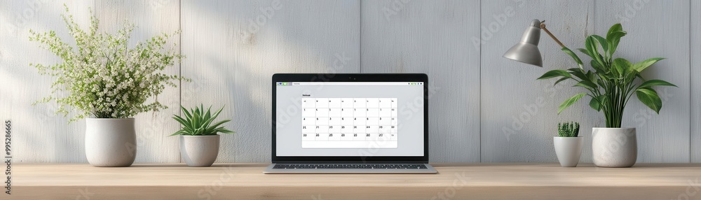 Open laptop with calendar app on the screen, Monday morning, scheduling and planning Open laptop with calendar app on the screen, Monday morning, scheduling and planning