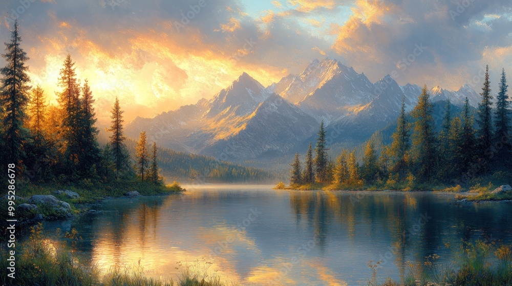 Serene mountain landscape at sunset with a reflective lake. Serene mountain landscape at sunset with a reflective lake.