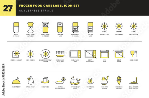 frozen food care label icon set. symbols of food grade. how to serve frozen meal. how to storage method frozen product. 