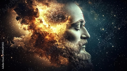 Brahma depicted in golden hues, shaping the stars and galaxies, symbolizing the act of divine creation