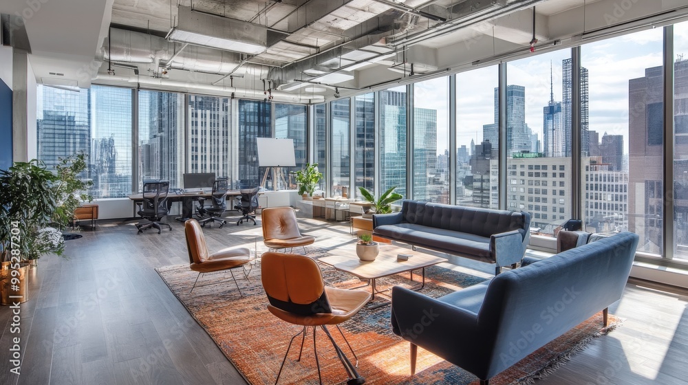 An open space office with expansive windows offers stunning city views. An open space office with expansive windows offers stunning city views.