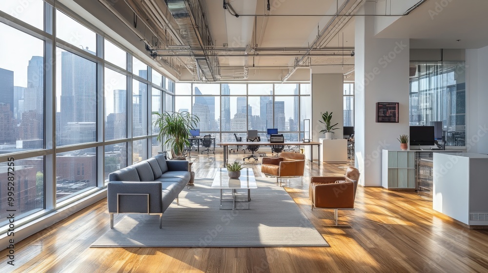 An open space office with expansive windows offers stunning city views. An open space office with expansive windows offers stunning city views.