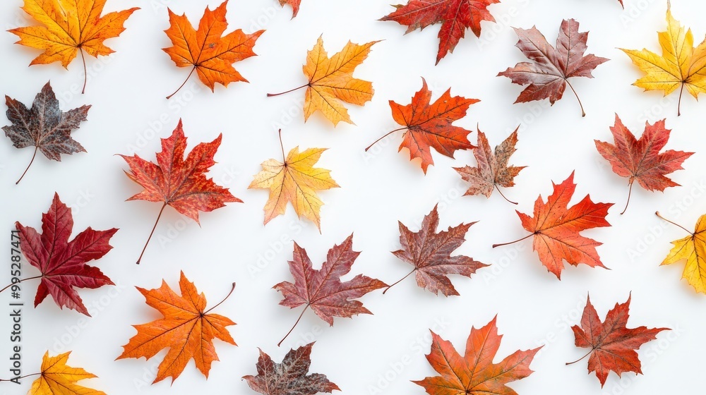 Artful composition of maple leaves on a white background, showcasing their rich autumn colors and detailed textures in a minimalistic style Artful composition of maple leaves on a white background, showcasing their rich autumn colors and detailed textures in a minimalistic style