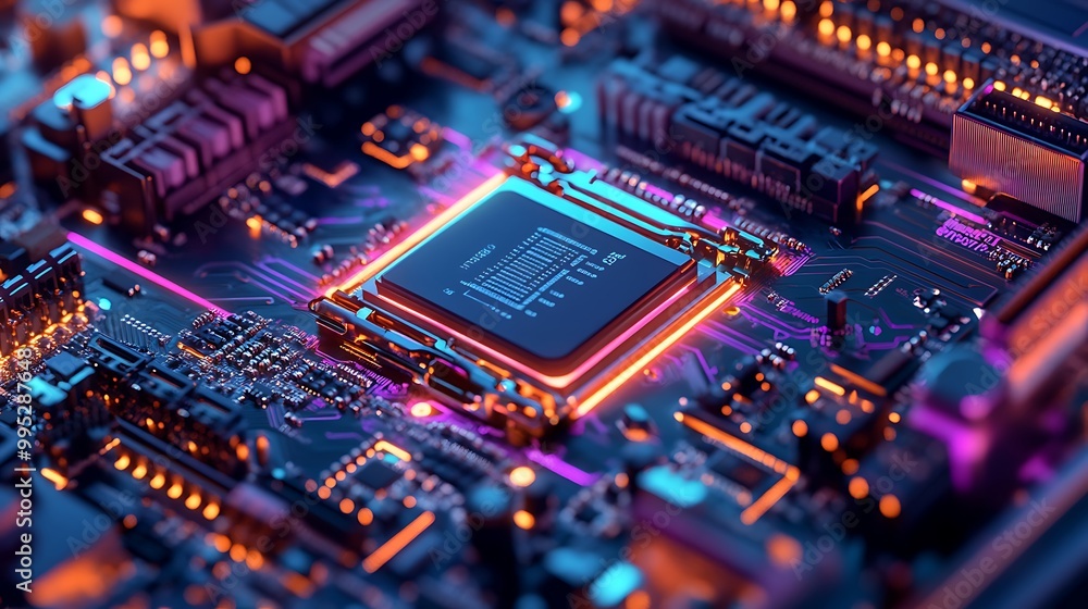 Computer hardware cpu and microchips, modern colorful design of high technology processors Computer hardware cpu and microchips, modern colorful design of high technology processors