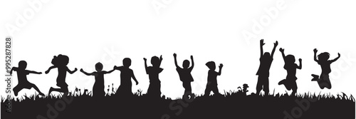 kid jumping and playing cheerfully on grass Black silhouettes vector illustration black and white