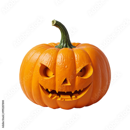 A Halloween pumpkin is painted to look like a demon with sharp teeth. photo