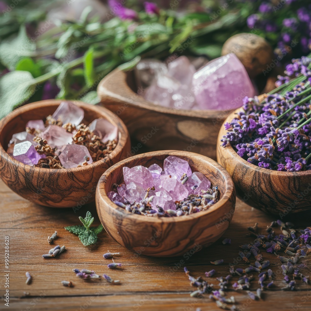 Lavender and other herbs and rose quartz - Herbalist naturopathic holistic healing theme banner with wooden bowls containing lavender flowers and crystals on a wooden surface with copy space Lavender and other herbs and rose quartz - Herbalist naturopathic holistic healing theme banner with wooden bowls containing lavender flowers and crystals on a wooden surface with copy space