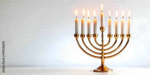 Floating Hanukkah Menorah with Flickering Candles in Mid-Air on White Background - Modern Traditional Holiday Concept for Contemporary Visuals