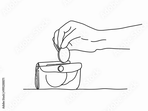 Minimalistic Line Art: Hand Deposits Coin into Wallet for Safekeeping