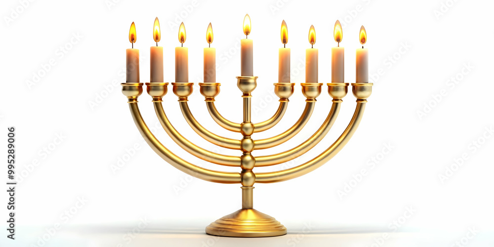 Flat Flying Menorah with Glowing Candles Isolated on White Background � Futuristic Hanukkah Design in Medium Shot, Emphasizing Weightless Effect and Radiant Flames Flat Flying Menorah with Glowing Candles Isolated on White Background � Futuristic Hanukkah Design in Medium Shot, Emphasizing Weightless Effect and Radiant Flames