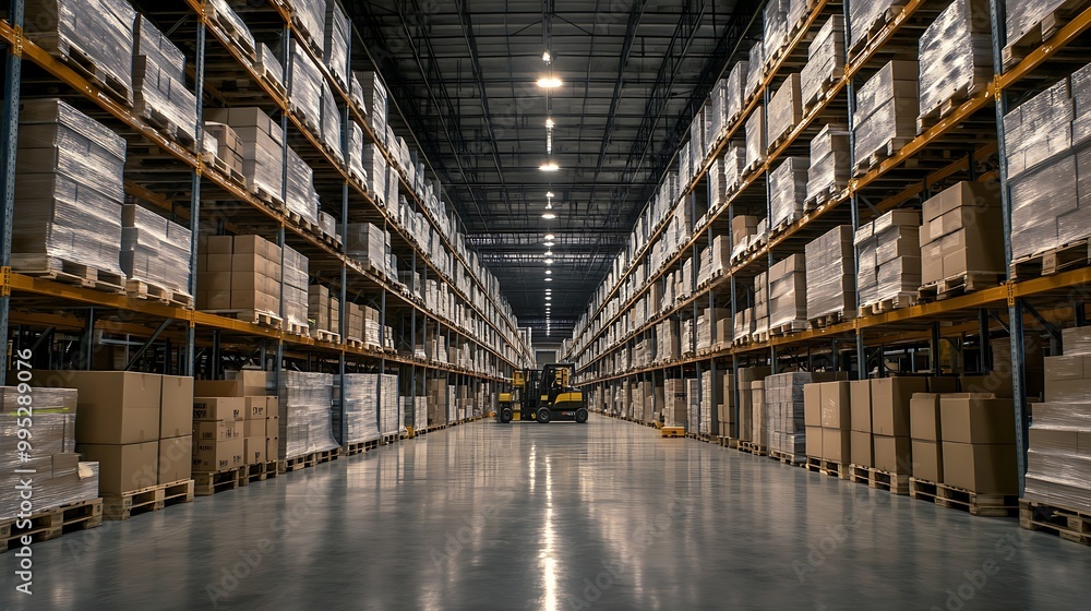 An industrial view of a warehouse full of cargos and boxes with lights on the roof, supply storage An industrial view of a warehouse full of cargos and boxes with lights on the roof, supply storage