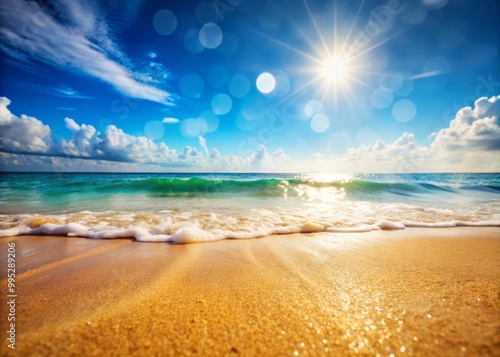 Relaxing beach scene with sand between toes, calming waves, and sunny sky creating a serene vibe