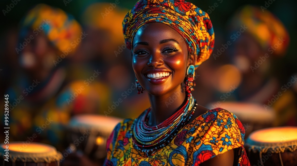 Fototapeta premium Smiling woman in colorful attire surrounded by drummers.
