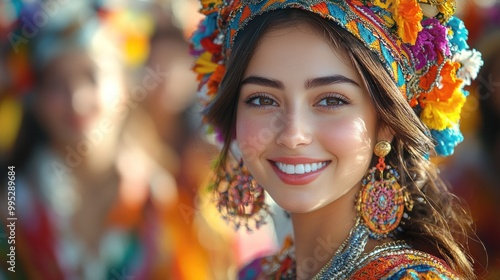 Smiling young woman in colorful traditional attire at a festival.