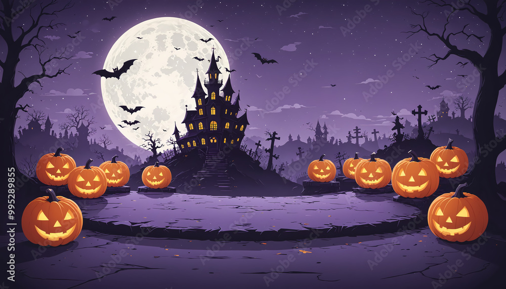 Fototapeta premium A Halloween themed image with a castle and bats.