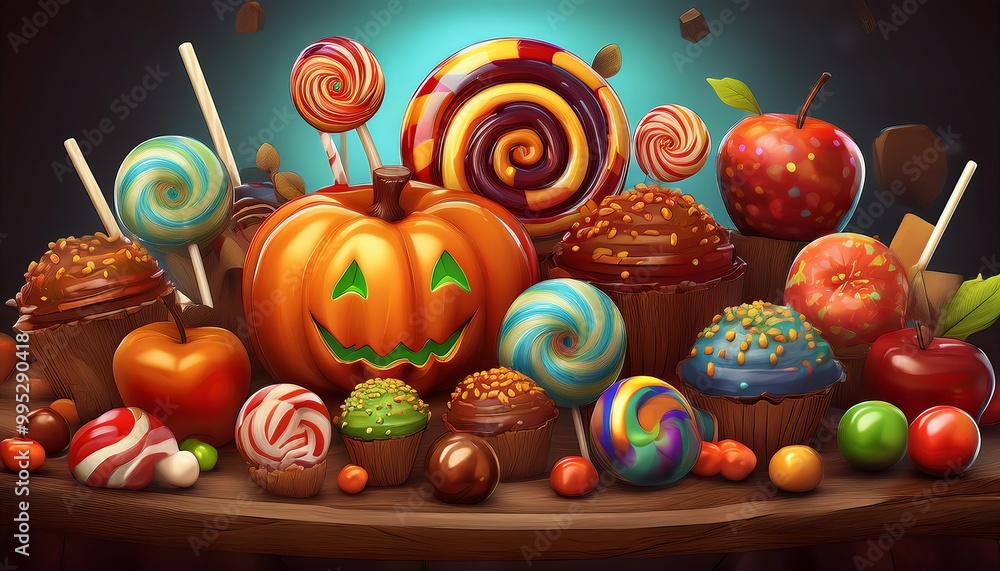 A vibrant display of assorted candies, lollipops, and a carved pumpkin, creating a festive, colorful atmosphere perfect for Halloween. A vibrant display of assorted candies, lollipops, and a carved pumpkin, creating a festive, colorful atmosphere perfect for Halloween.