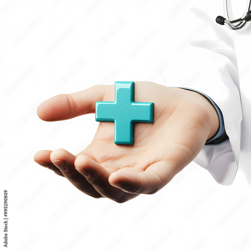 Doctor holding turquoise plus icon symbolizing healthcare and healing. Doctor holding turquoise plus icon symbolizing healthcare and healing.