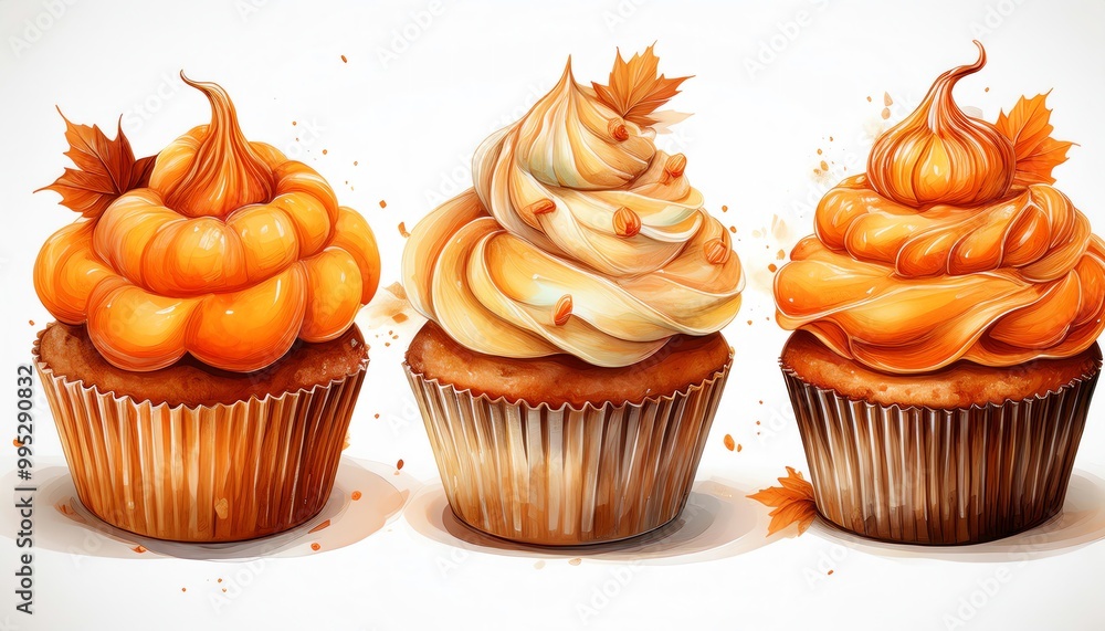 Three beautifully decorated cupcakes with autumn-themed frosting, showcasing vibrant pumpkin colors and fall leaves. Three beautifully decorated cupcakes with autumn-themed frosting, showcasing vibrant pumpkin colors and fall leaves.