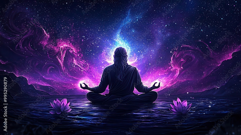 Brahma in a cosmic ocean, creating the world with divine energy, lotus flowers blooming around him Brahma in a cosmic ocean, creating the world with divine energy, lotus flowers blooming around him