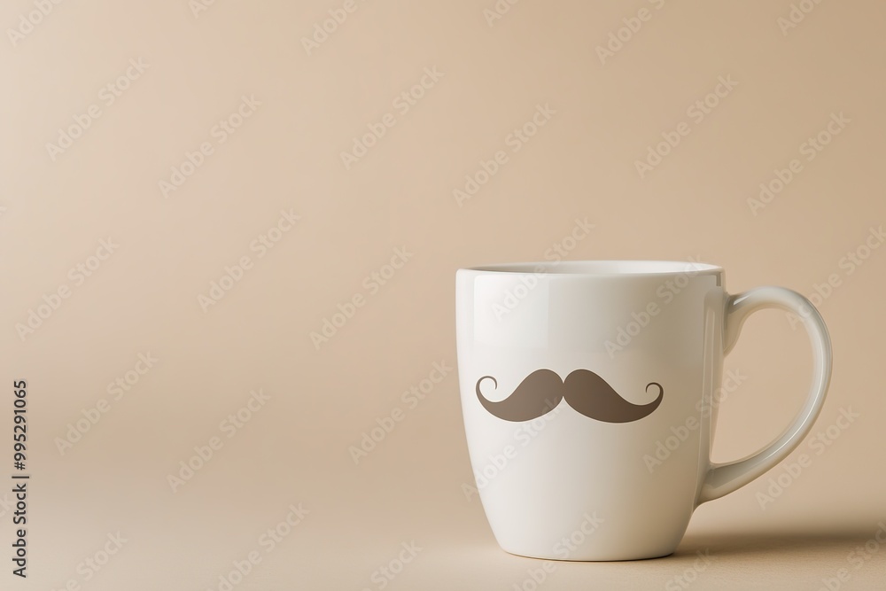 Mug with mustache design on beige background, symbolizing men's Mug with mustache design on beige background, symbolizing men's