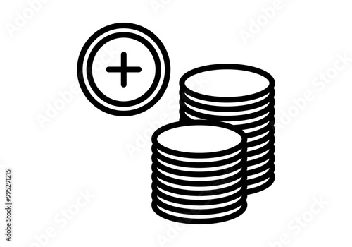 Icono negro de pila de monedas de añadir