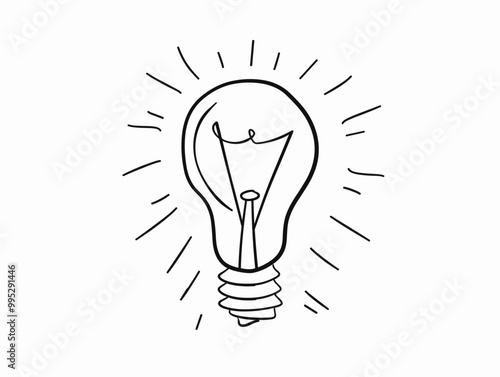 One-Line Lightbulb: Creative Illumination symbolized by a single flowing line forming a lightbulb shape with rays emanating outwards, representing the brilliance of a new idea.