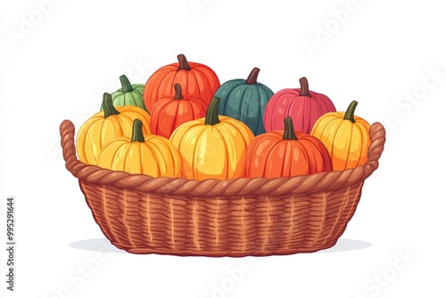 Wicker basket overflowing with colorful pumpkins celebrating autumn harvest