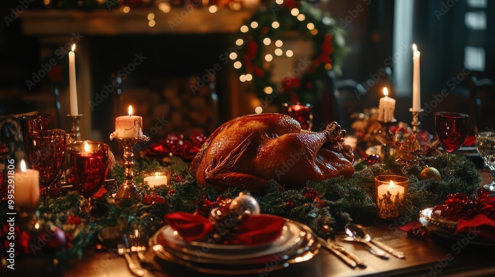 A festive Christmas dinner table set with a roasted turkey, candles, wreaths, and holiday decorations, with family members laughing and celebrating around the table. A festive Christmas dinner table set with a roasted turkey, candles, wreaths, and holiday decorations, with family members laughing and celebrating around the table.
