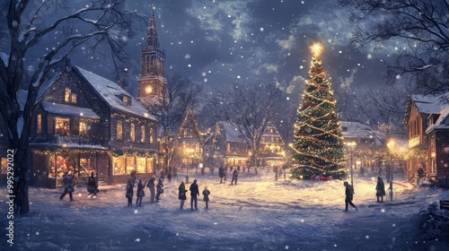 A snowy Christmas night in a small town, with holiday lights adorning buildings, a giant Christmas tree in the town square, and people walking joyfully through the snow