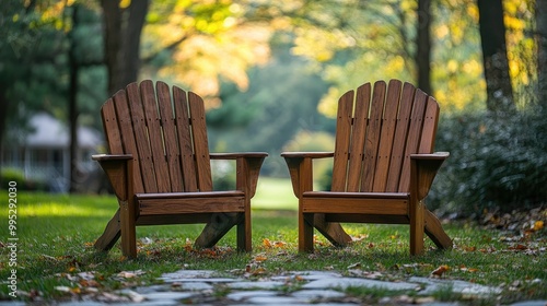 Two white Adirondack chairs in a peaceful forest setting