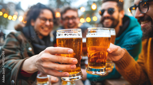 Happy friends celebrating drinking beer pint at park outdoor - Young people talking and laughing together at brewery pub garden - Friendship, youth and beverage concept