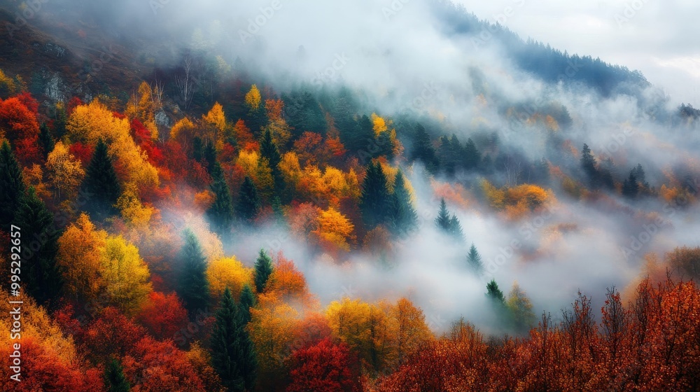 Autumn in Bulgaria Balkan Mountains: a serene, fog-covered forest with a stunning array of fall colors Autumn in Bulgaria Balkan Mountains: a serene, fog-covered forest with a stunning array of fall colors