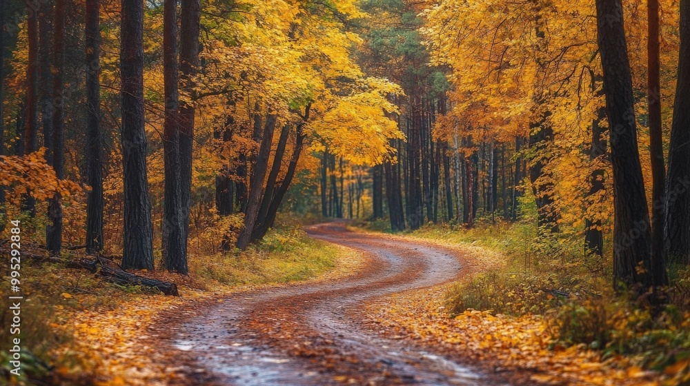 Obraz premium Autumn in Eastern Europe: a magical forest with colorful yellow and orange foliage, tree trunks, and a winding road through the vibrant landscape