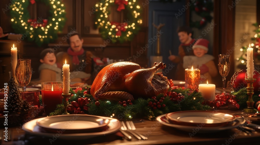 A festive Christmas dinner table set with a roasted turkey, candles, wreaths, and holiday decorations, with family members laughing and celebrating around the table A festive Christmas dinner table set with a roasted turkey, candles, wreaths, and holiday decorations, with family members laughing and celebrating around the table