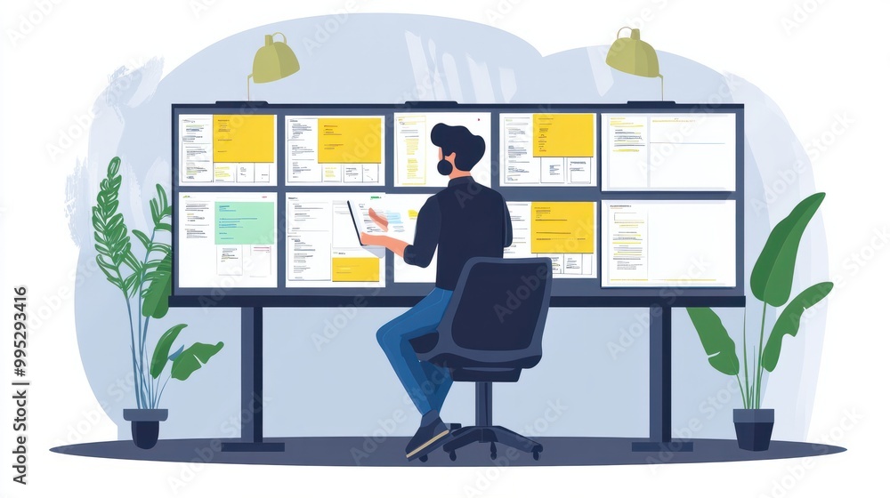 Fototapeta premium software developer or scrum master is updating kanban board