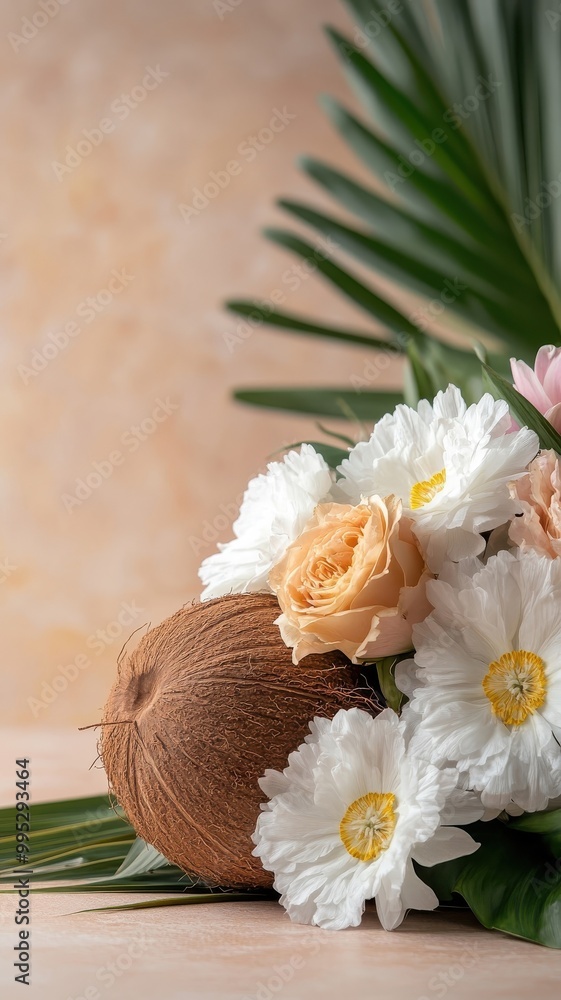 Coconuts surrounded by luxurious, colorful flowers in a vibrant tropical arrangement. Coconuts surrounded by luxurious, colorful flowers in a vibrant tropical arrangement.