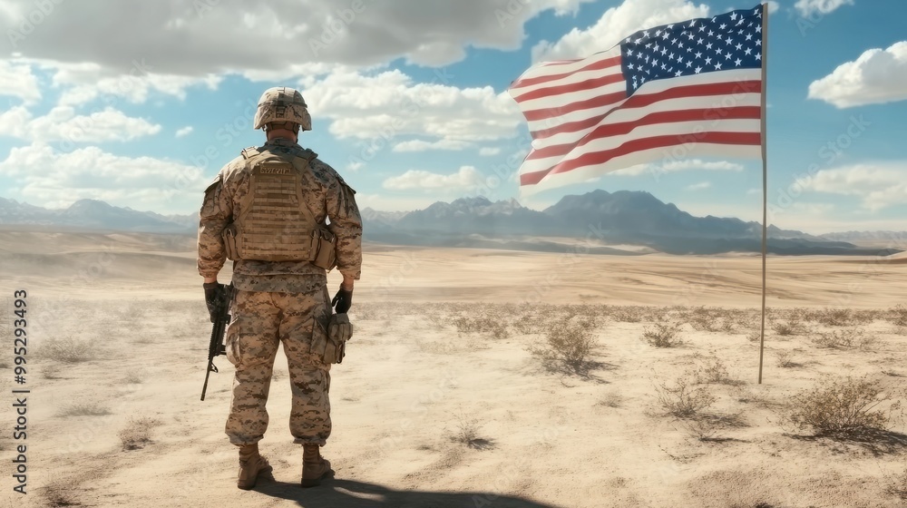 Soldier in the desert with the flag of the United States of America, An American soldier standing in a battlefield with an American flag on his hand, full rear view, AI Generated Soldier in the desert with the flag of the United States of America, An American soldier standing in a battlefield with an American flag on his hand, full rear view, AI Generated