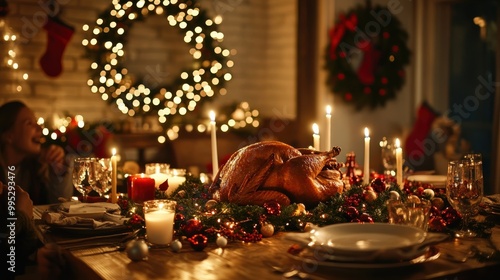 A festive Christmas dinner table set with a roasted turkey, candles, wreaths, and holiday decorations, with family members laughing and celebrating around the table