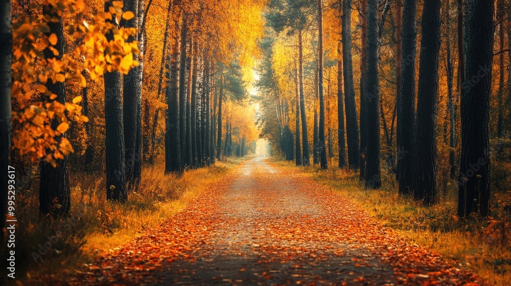 Autumn landscape in Eastern Europe with a magical forest path, colorful foliage in yellow and orange, and tree trunks lining the serene road Autumn landscape in Eastern Europe with a magical forest path, colorful foliage in yellow and orange, and tree trunks lining the serene road