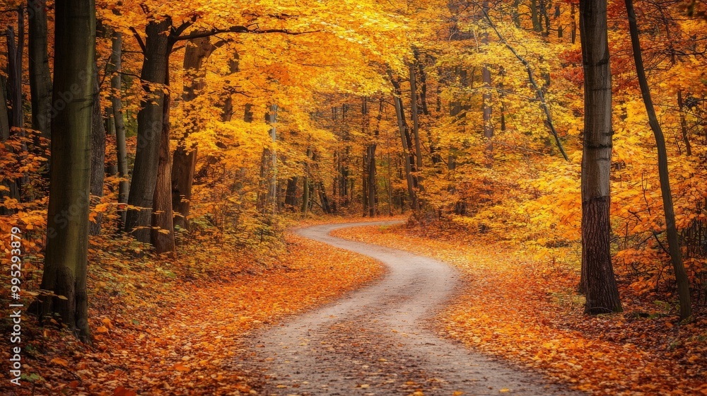 Autumn magic in Eastern Europe: a forest path surrounded by vibrant yellow and orange leaves, tree trunks, and a picturesque road through the foliage Autumn magic in Eastern Europe: a forest path surrounded by vibrant yellow and orange leaves, tree trunks, and a picturesque road through the foliage
